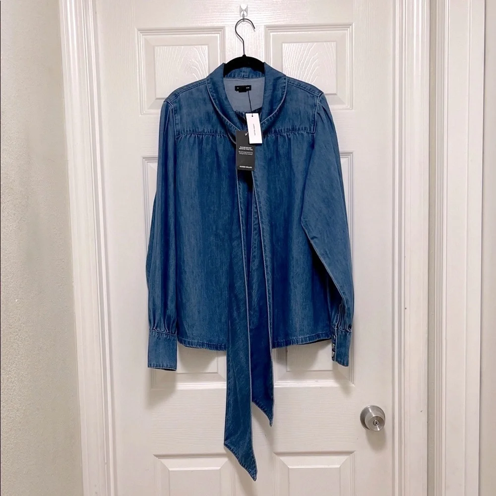 NWT KAREN MILLEN Denim Pussybow Blouse - Picture 5 of 9